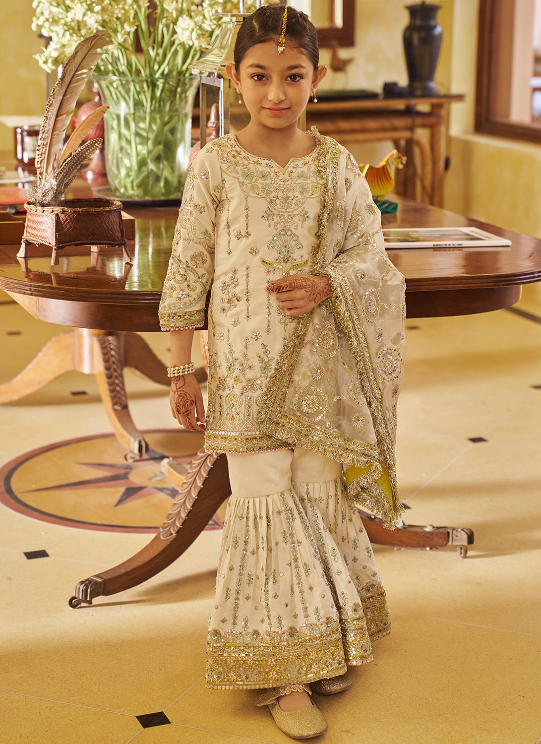 Kids Cream and Gold Embroidered Gharara Lashkaraa