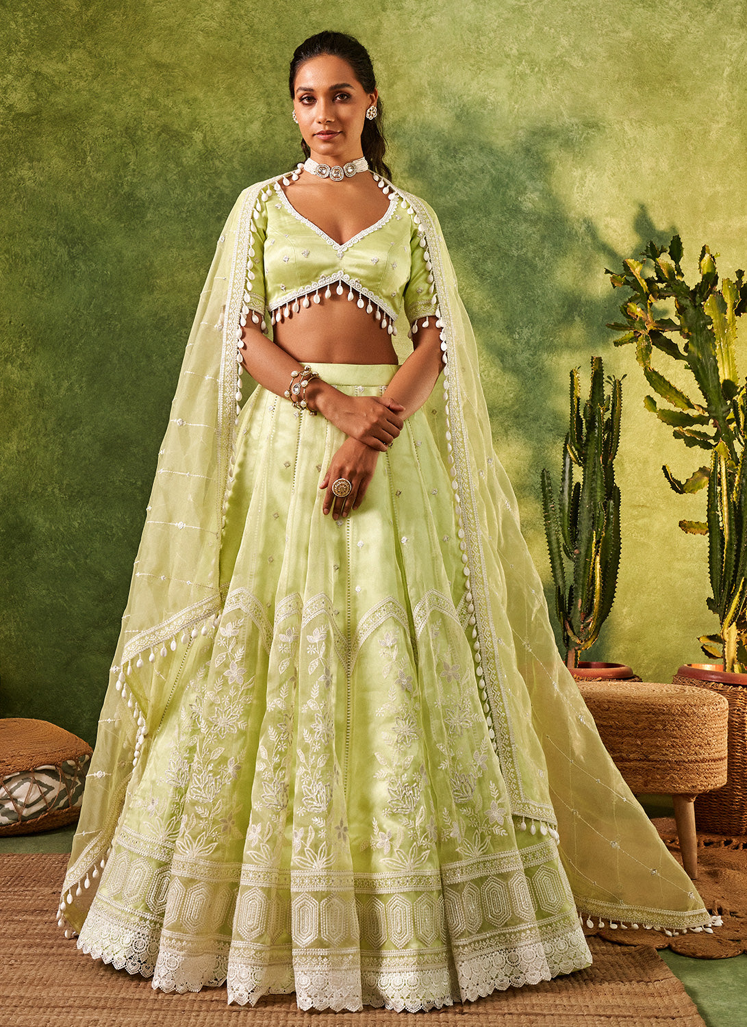 Light Green Embroidered Organza Lehenga – Lashkaraa