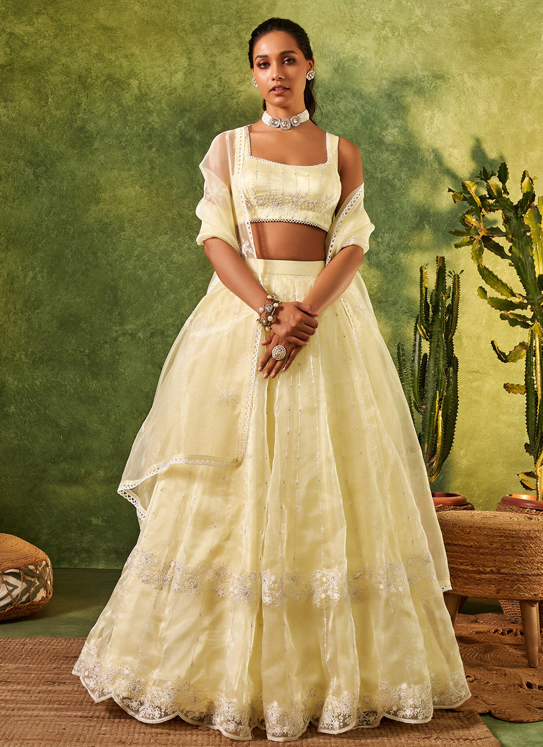 Soft Lime Embroidered Organza Lehenga – Lashkaraa