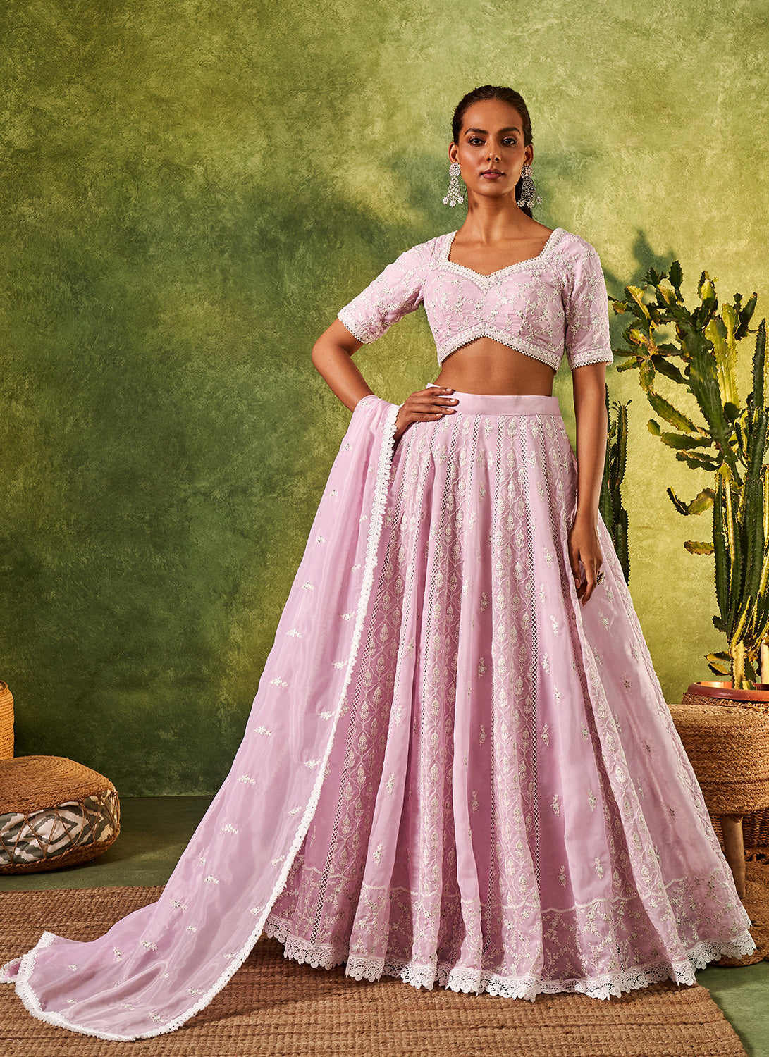 Lilac Embroidered Organza Lehenga – Lashkaraa