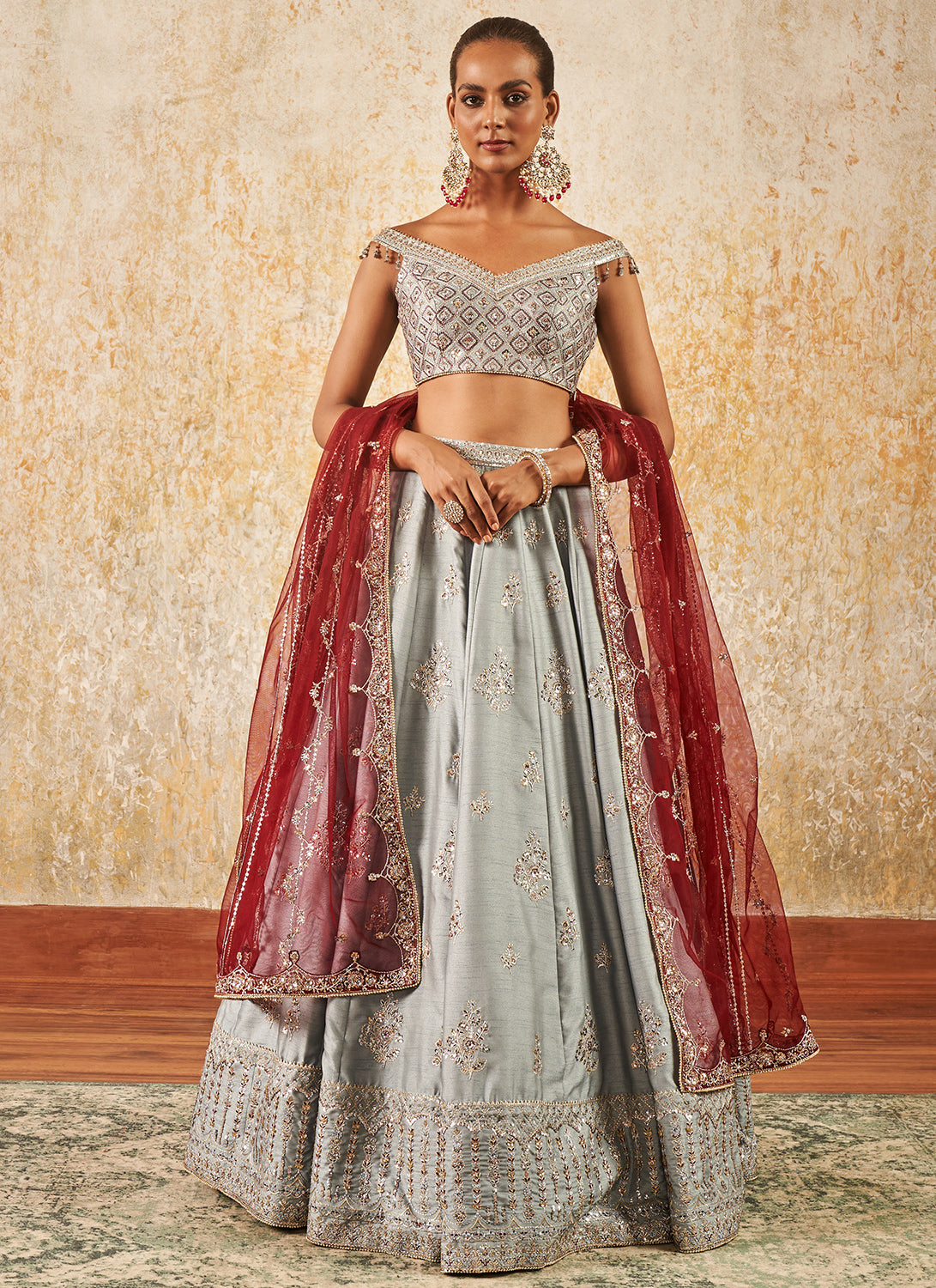 Grey and Maroon Embroidered Lehenga – Lashkaraa