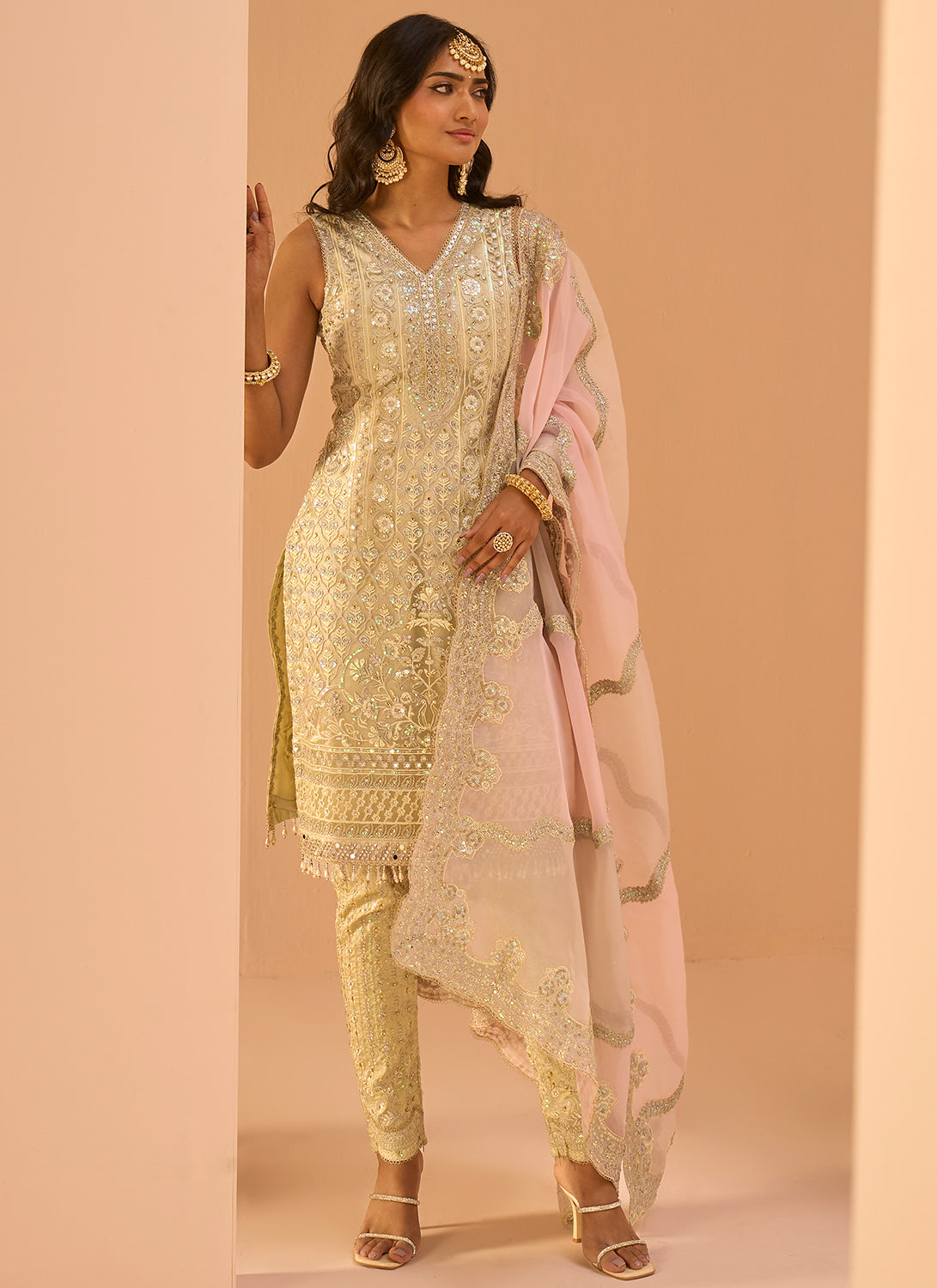 White and Gold Hand Embroidered Straight Suit – Lashkaraa