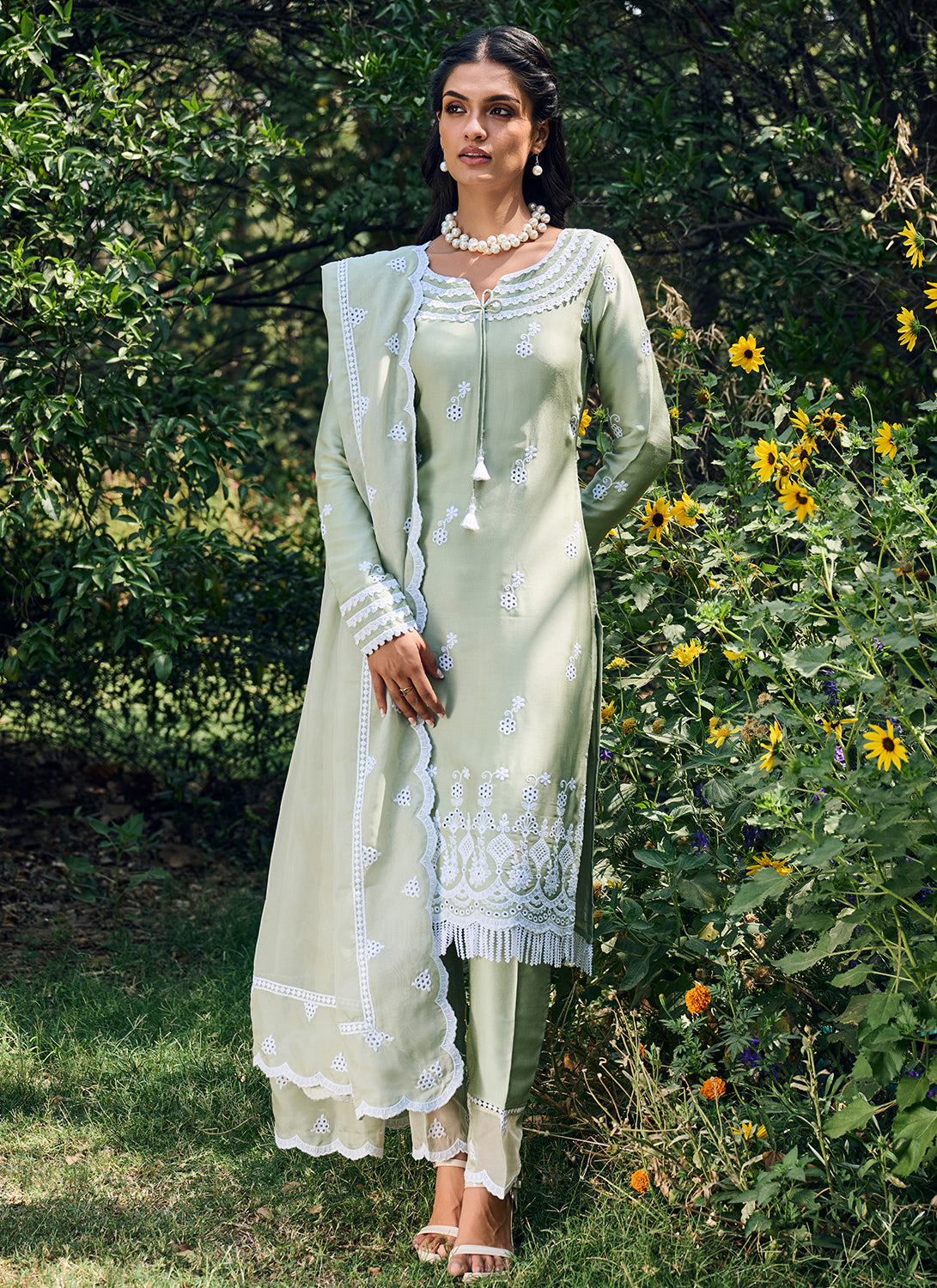 Dusty Sage Embroidered Cotton Straight Suit Lashkaraa