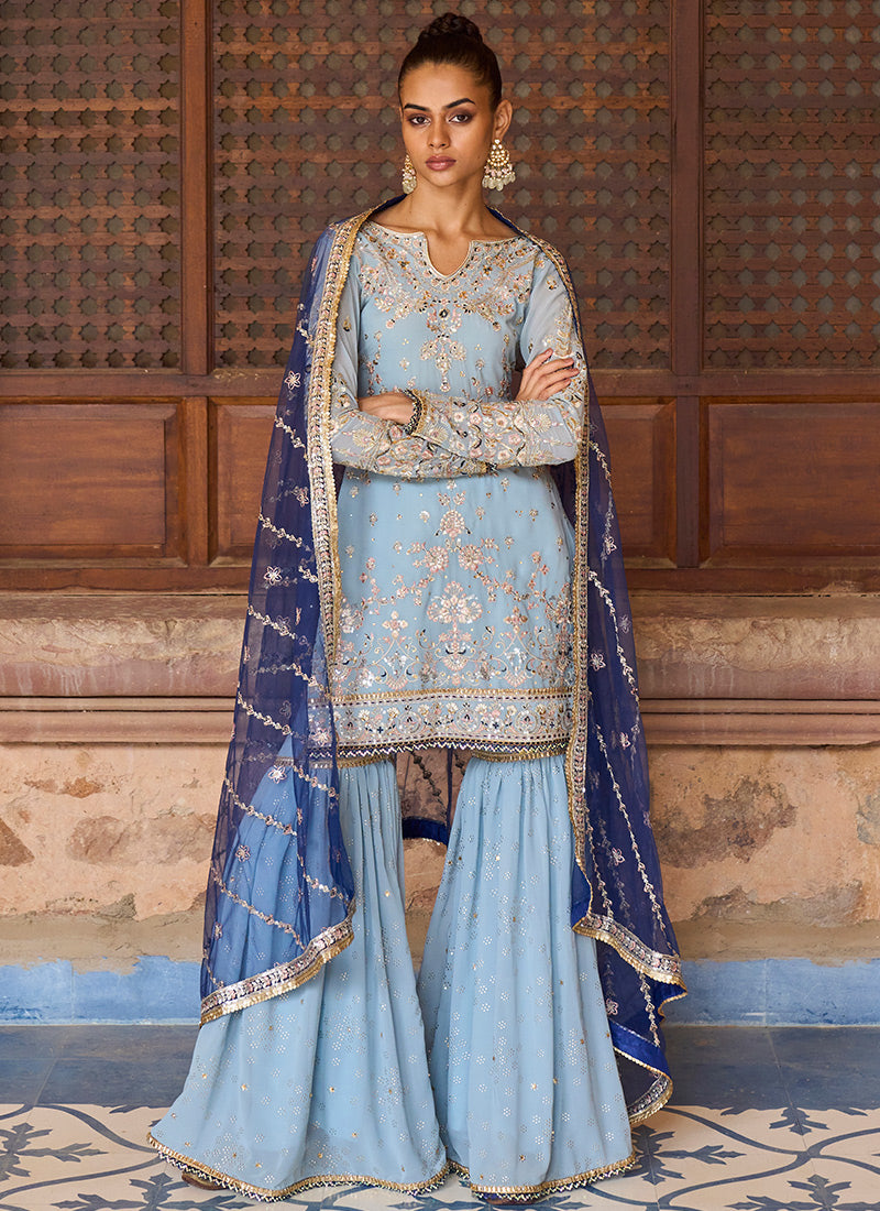 Powder Blue Embroidered Georgette Sharara Suit