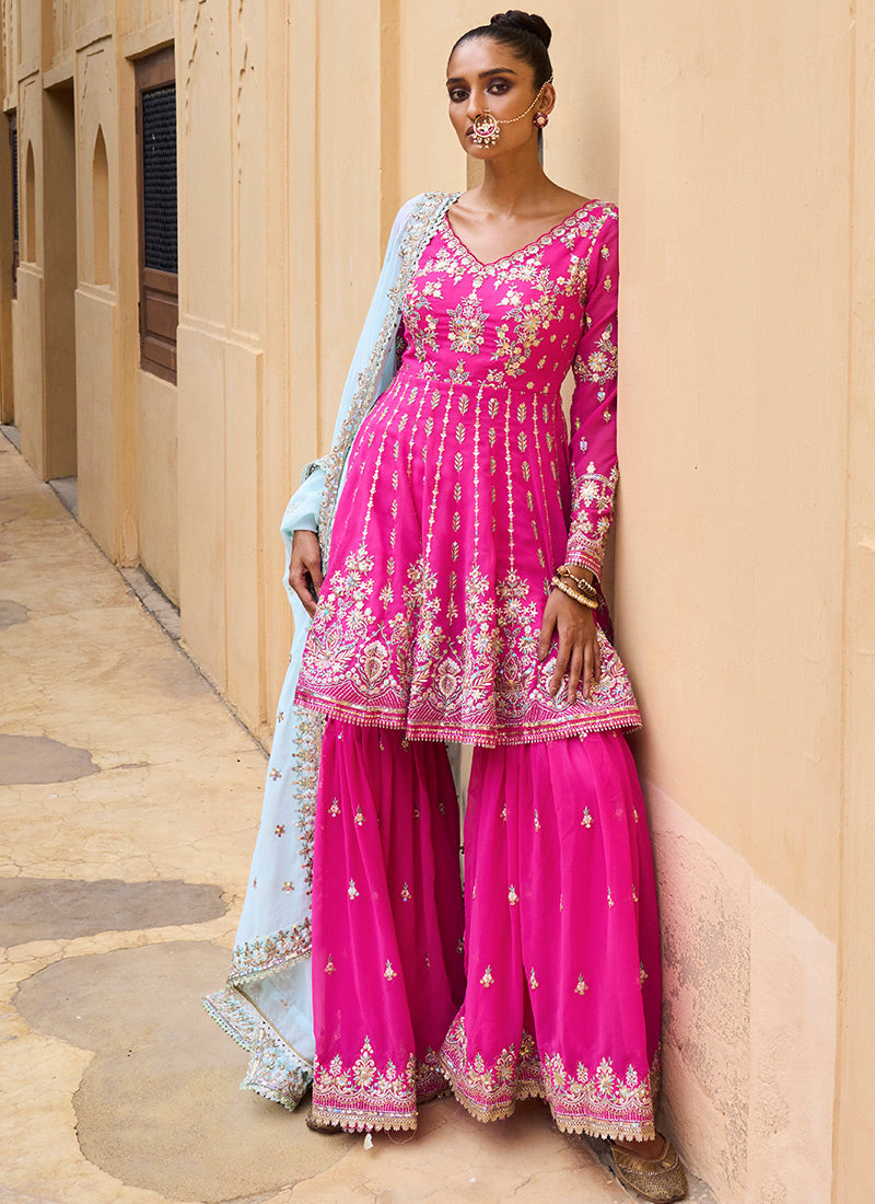 Hot Pink and Mint Georgette Gharara Suit – Lashkaraa