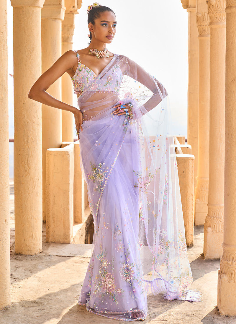 Net Saree with Floral Embroidery & Embellishments