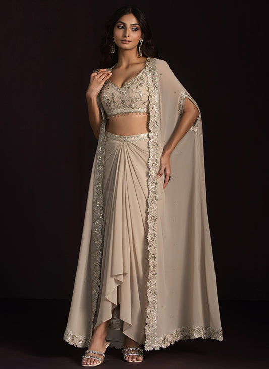 Beige Embroidered Georgette Dhoti Style Set