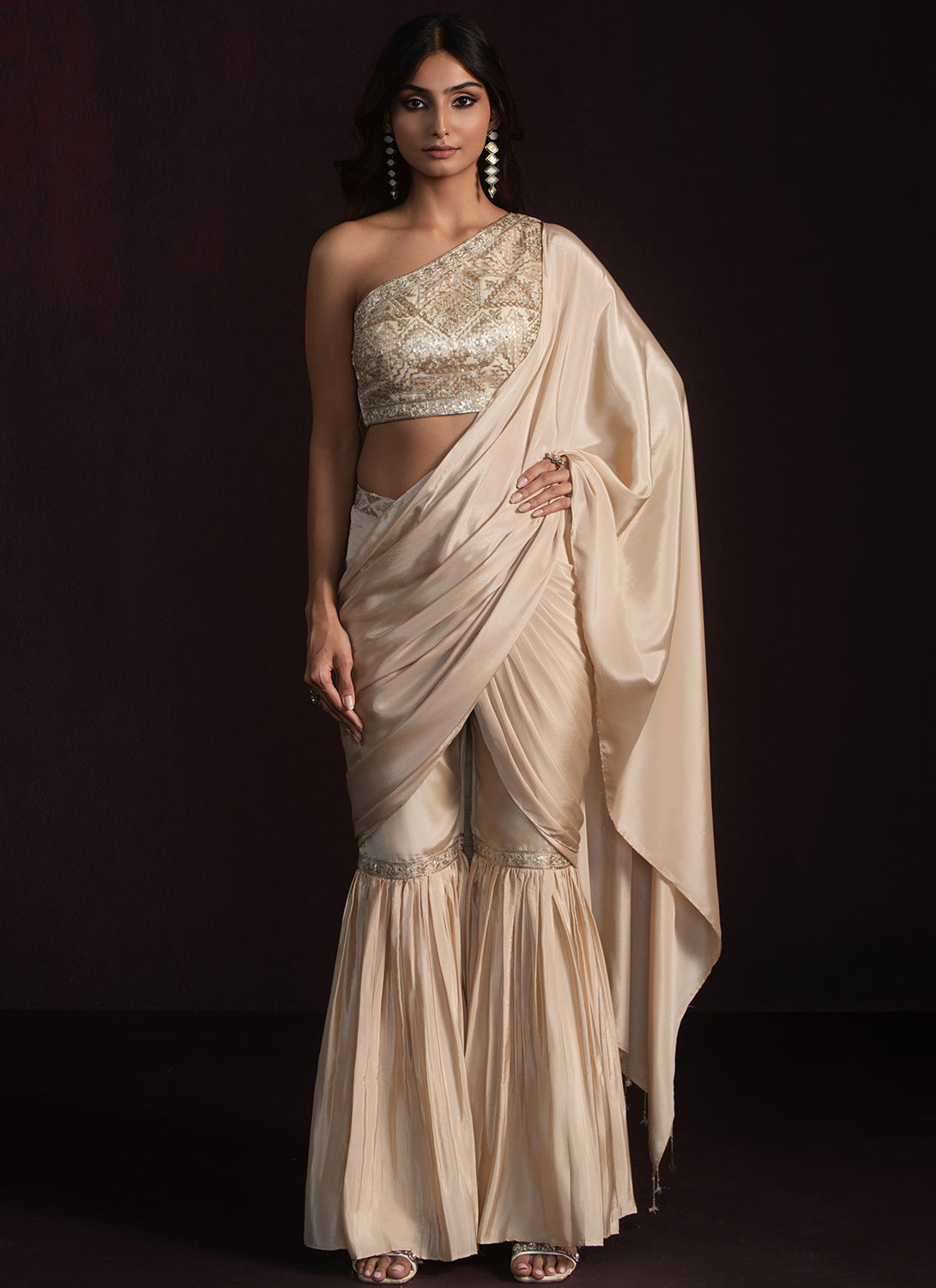 Beige Embroidered Gharara Style Saree