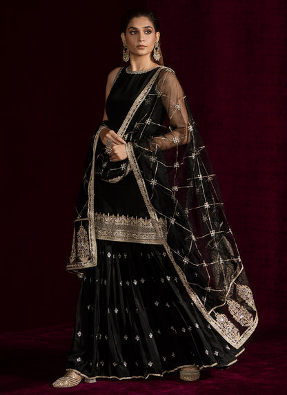 Black Embroidered Crepe Silk Gharara