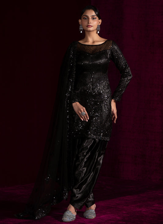 Black Embroidered Net Punjabi Suit