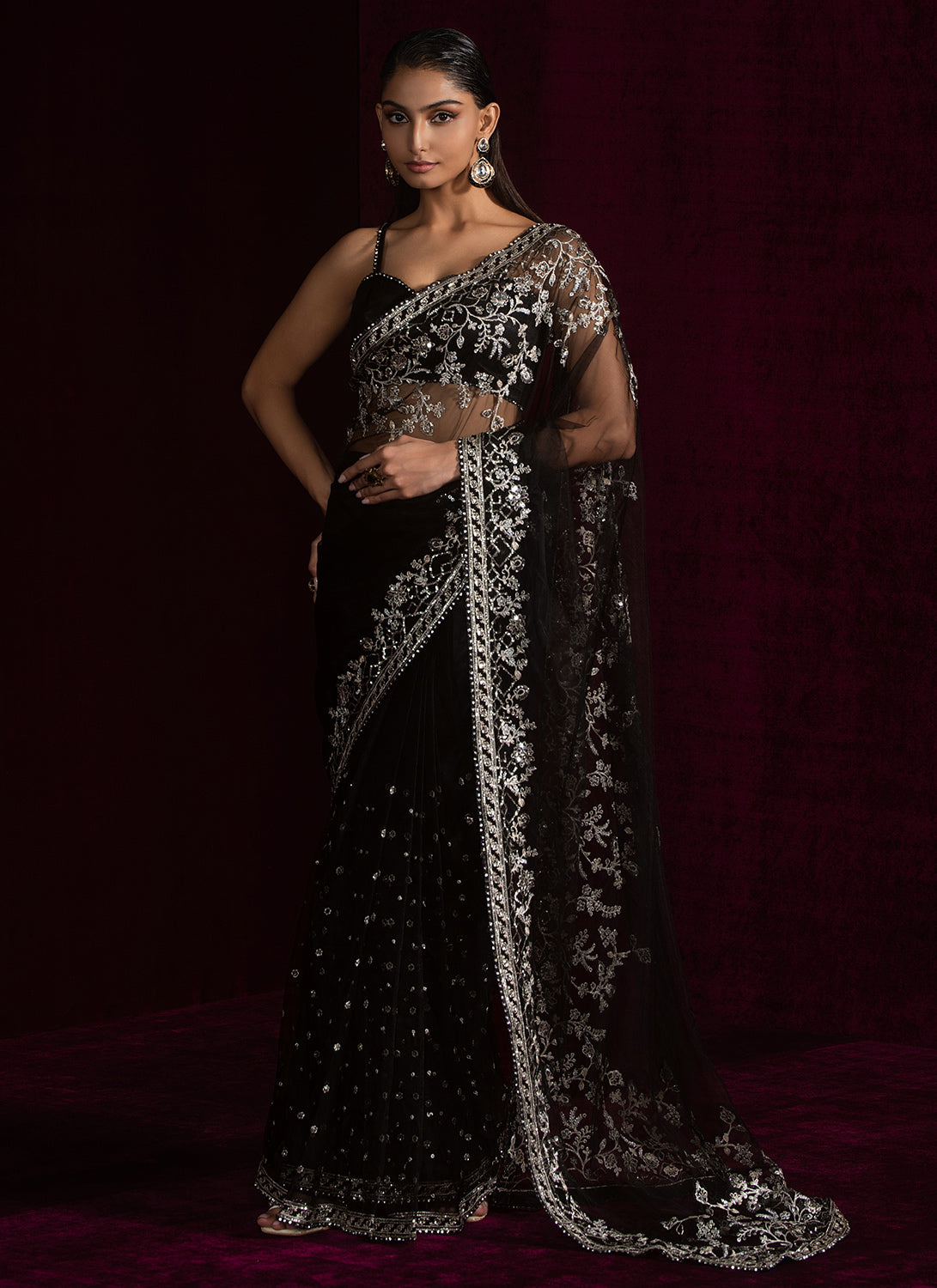 Black Embroidered Net Saree