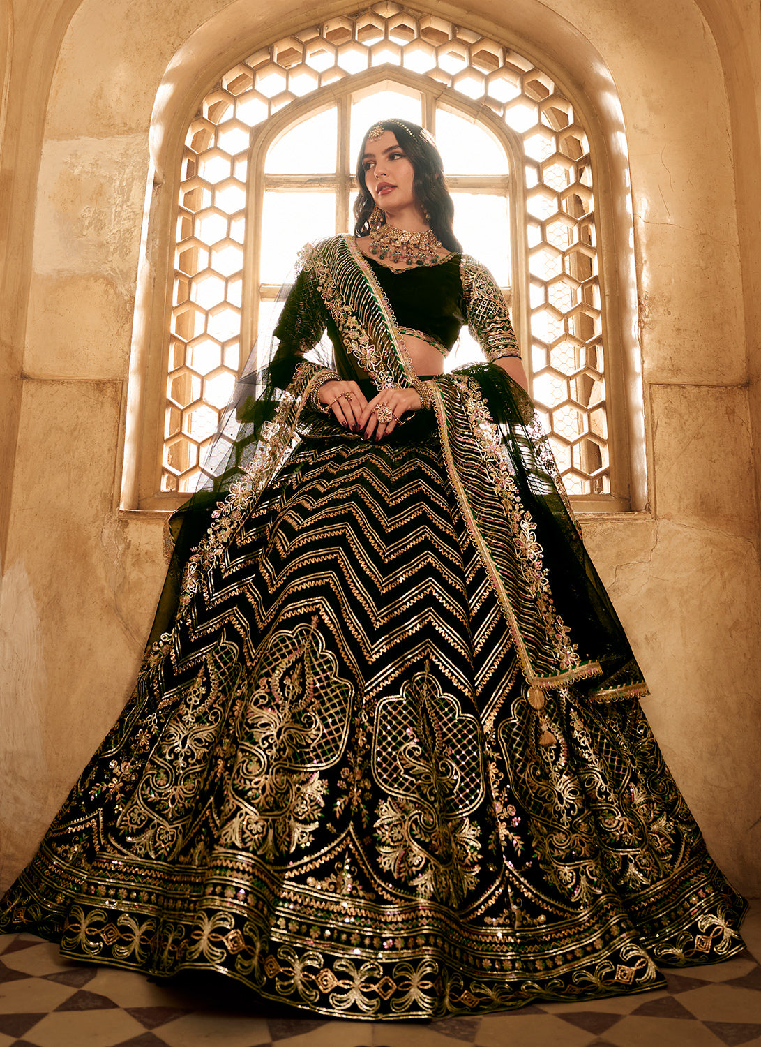 Black Embroidered Satin Organza Lehenga