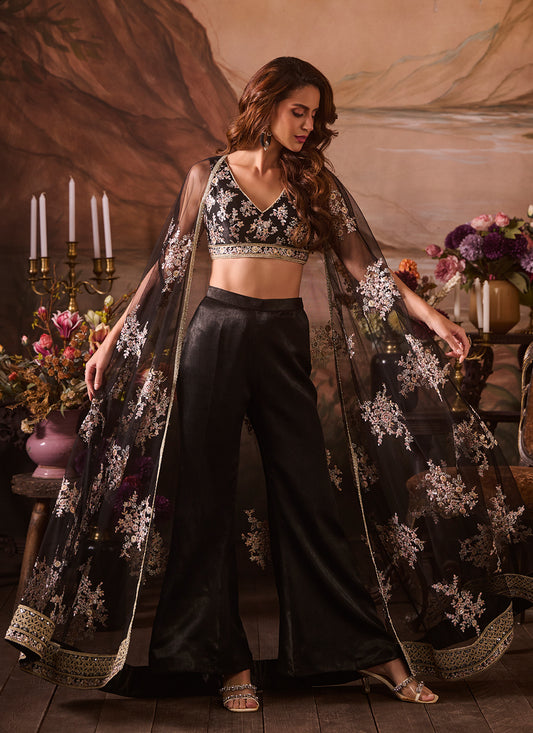 Black Embroidered Velvet Pant Set With Jacket