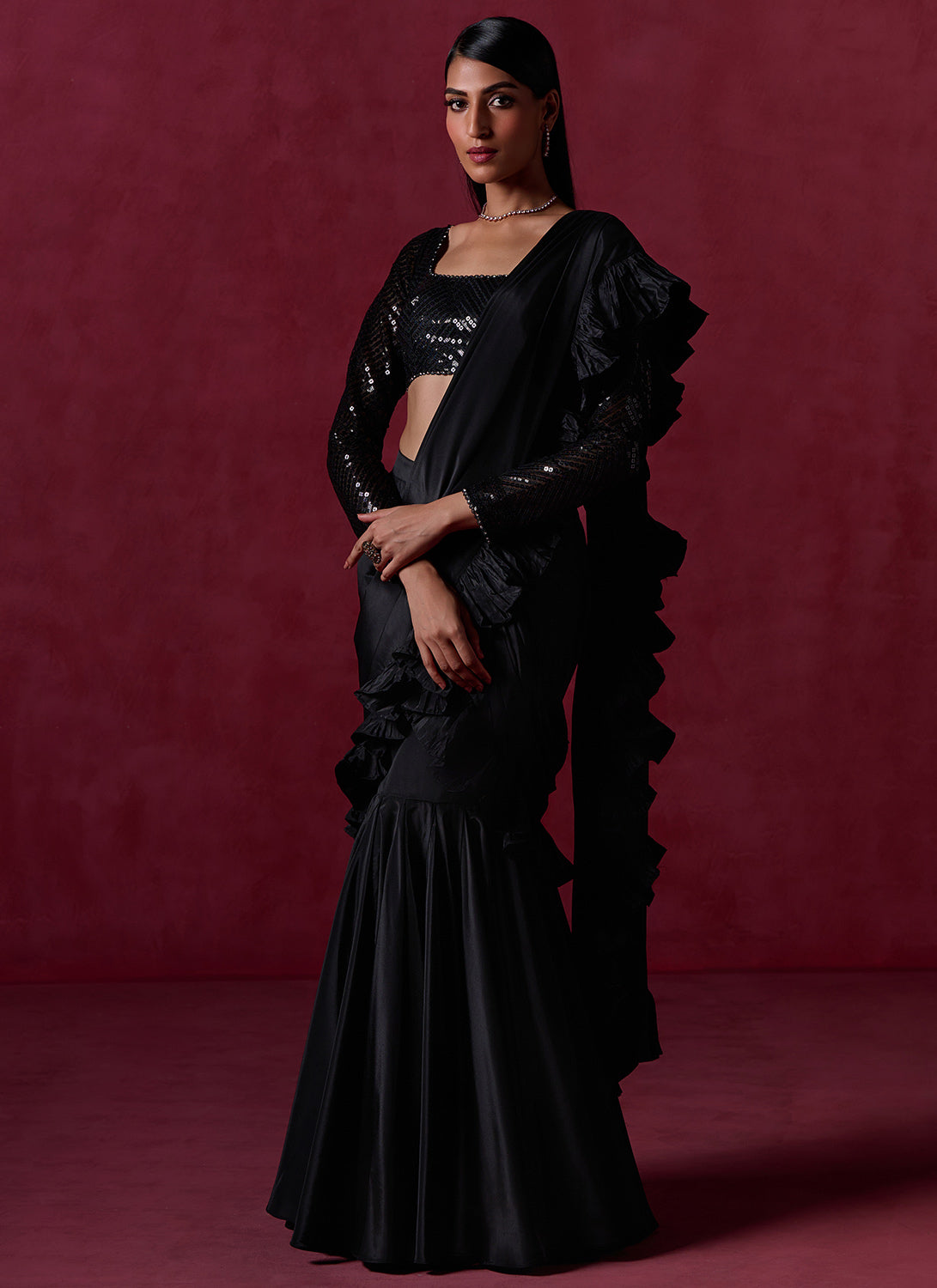 Black Ruffled Crepe Saree