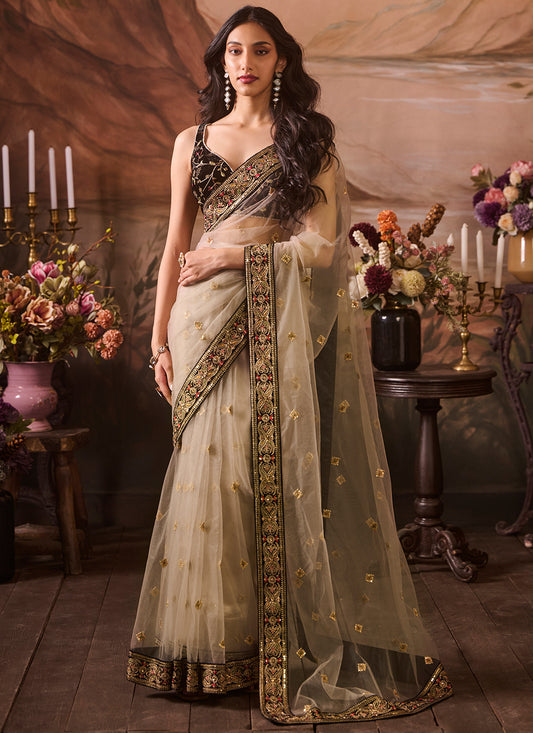 Black and Beige Embroidered Velvet Saree