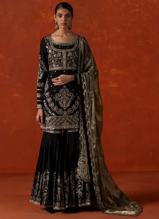 Black and Light Green Embroidered Gharara Suit