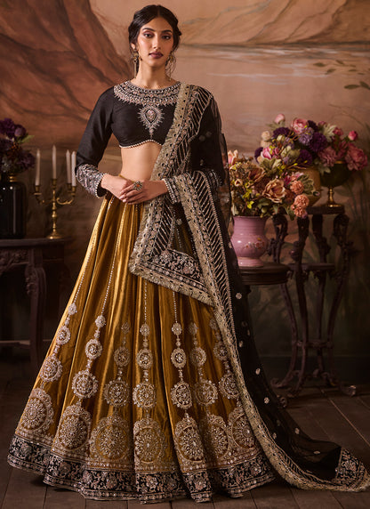 Black and Mustard Embroidered Velvet Lehenga