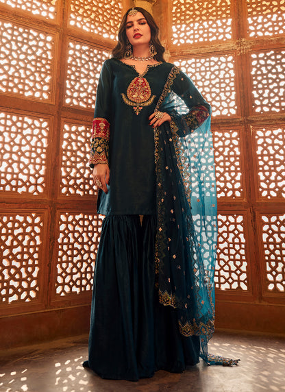 Blue Embroidered Satin Gharara Suit