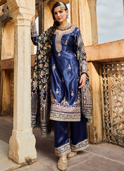 Blue Embroidered Satin Palazzo Suit