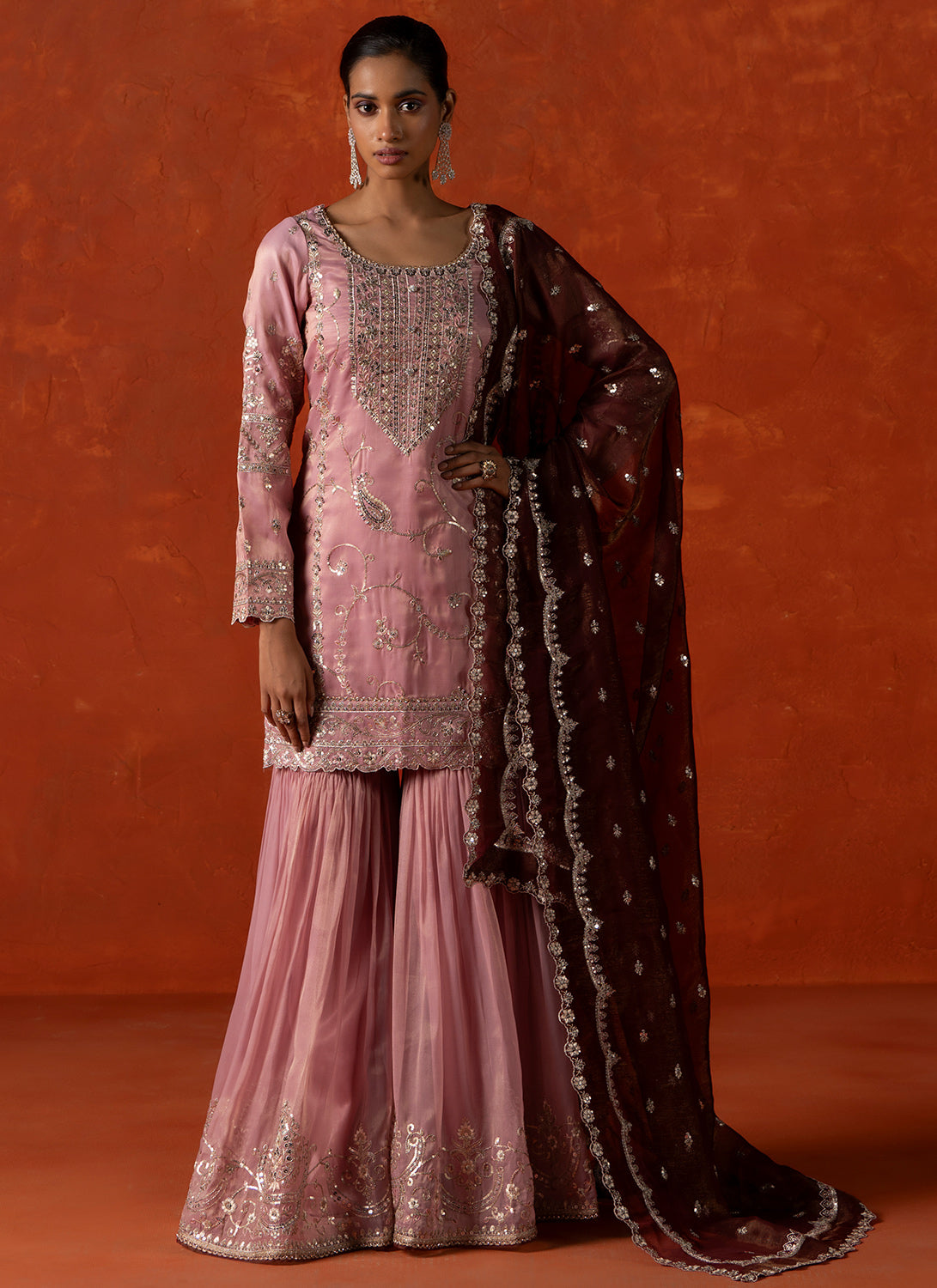 Blush Pink and Rust Embroidered Gharara Suit