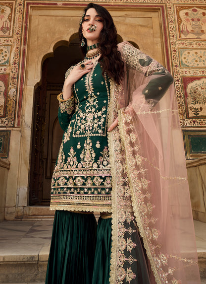 Bottle Green Embroidered Gharara Suit