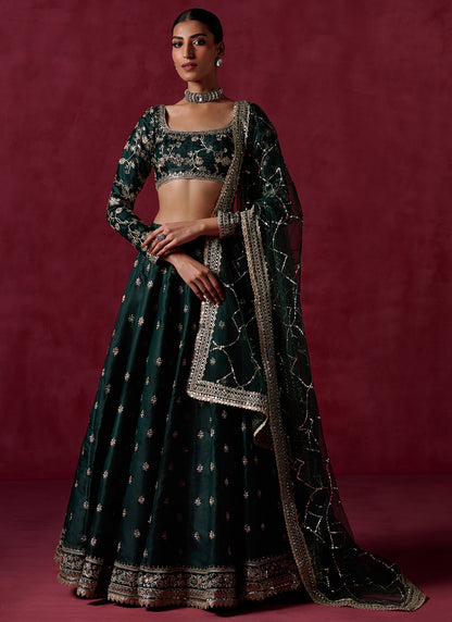 Bottle Green Embroidered Silk Lehenga