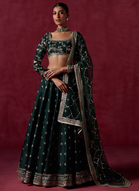 Bottle Green Embroidered Silk Lehenga