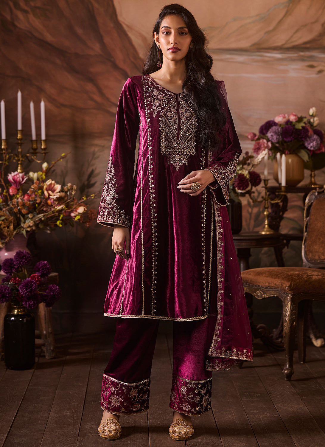 Burgundy Embroidered Velvet Pant Suit