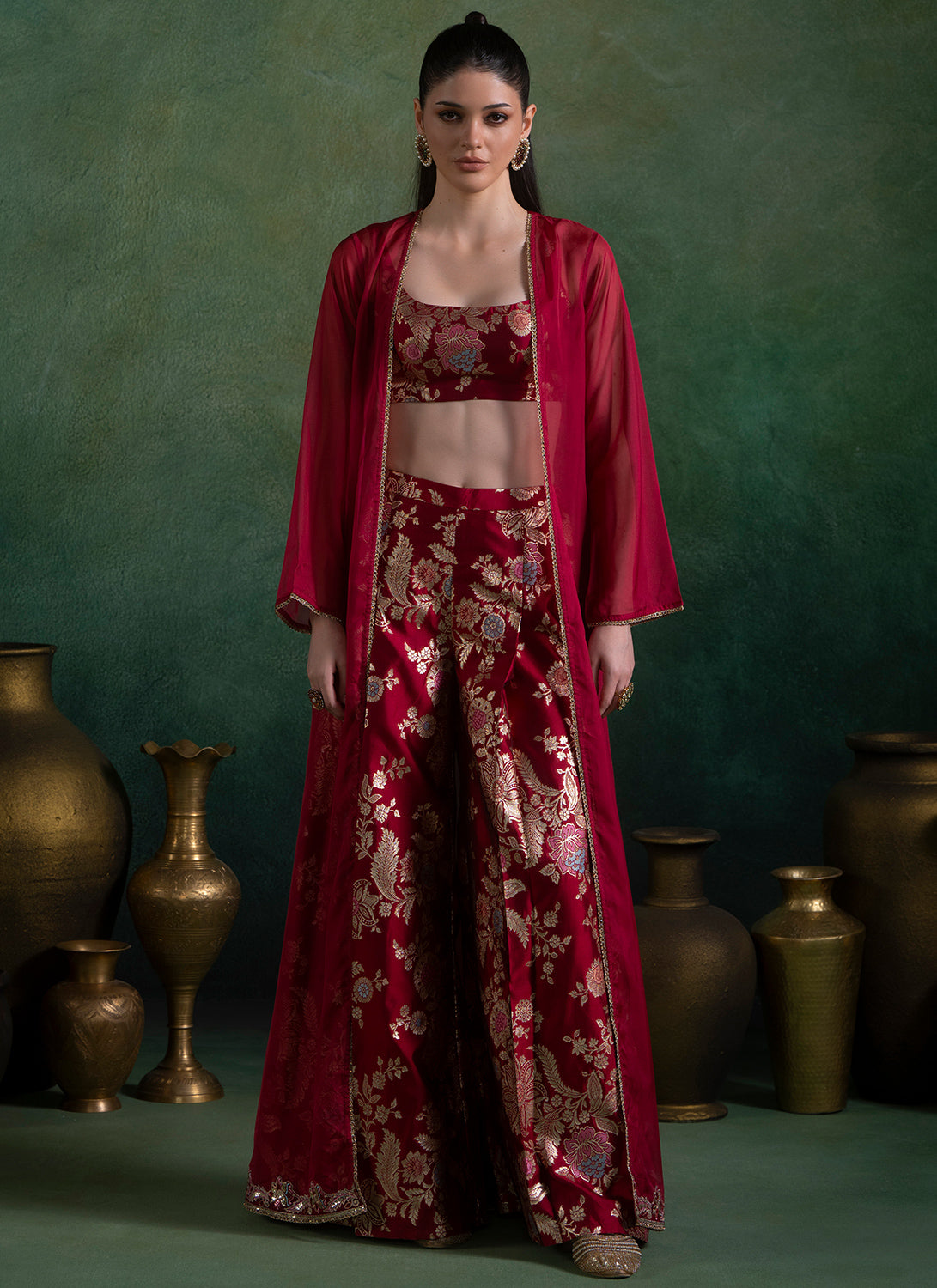 Cherry Red Embroidered Pant Set With Jacket