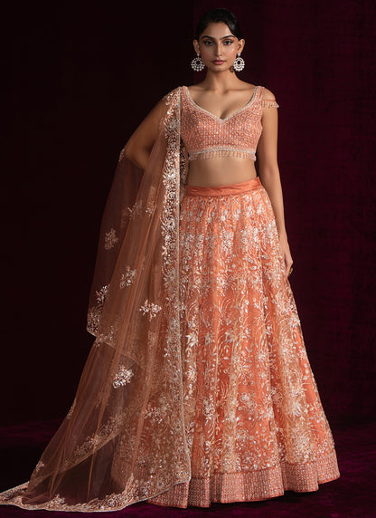 Coral Embroidered Net Lehenga