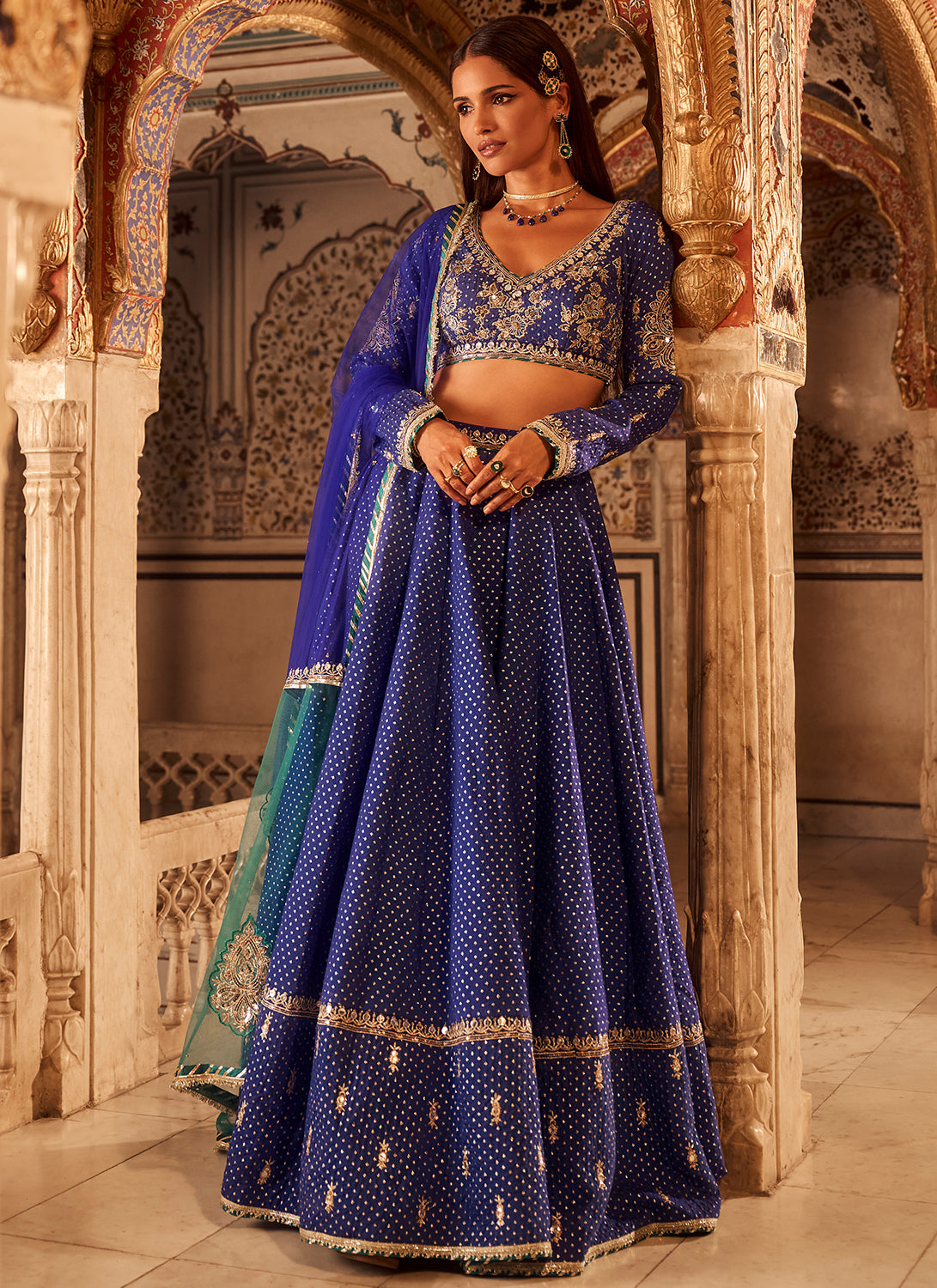 Royal Blue Embroidered Brocade Lehenga