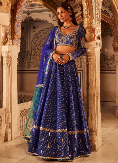 Royal Blue Embroidered Brocade Lehenga