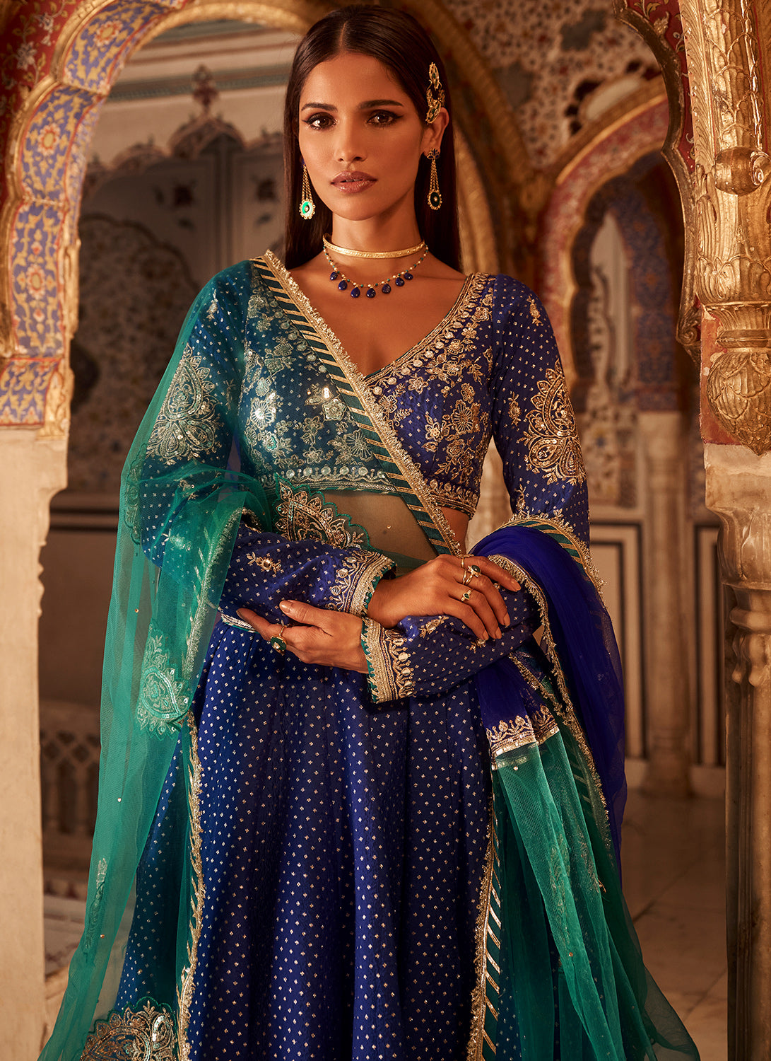 Royal Blue Embroidered Brocade Lehenga