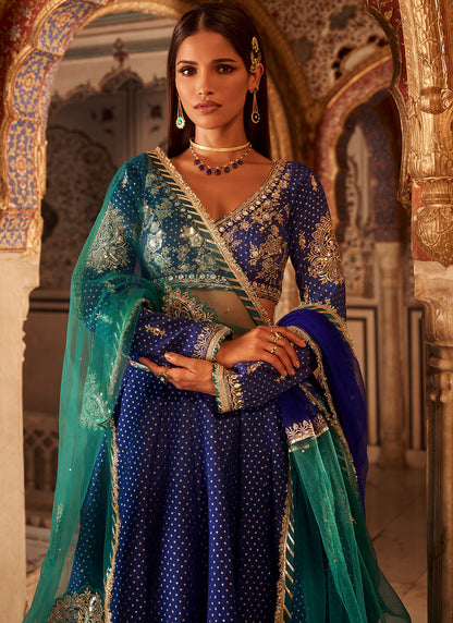 Royal Blue Embroidered Brocade Lehenga