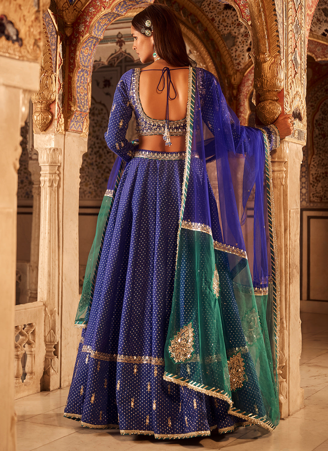 Royal Blue Embroidered Brocade Lehenga