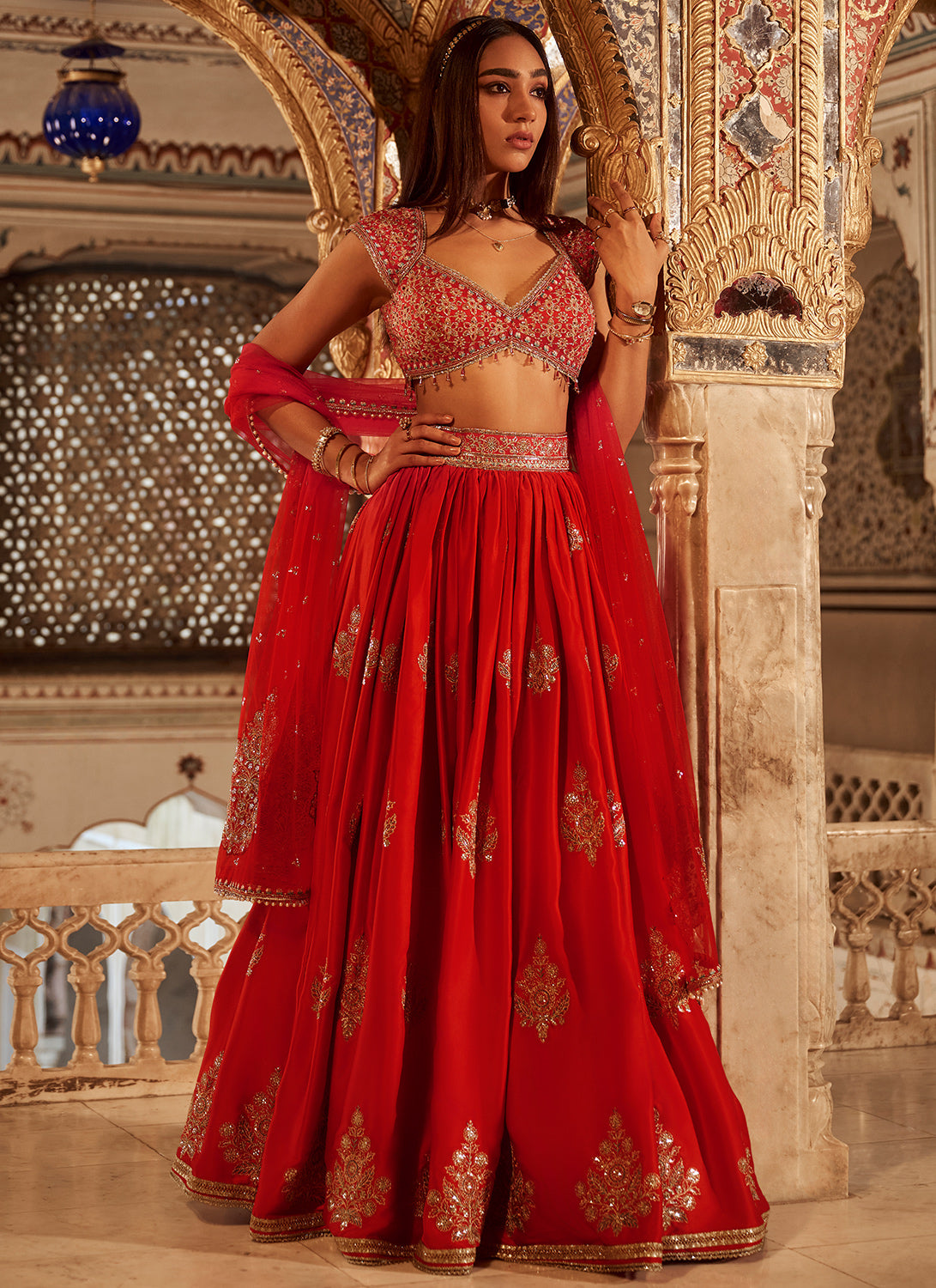 Red Embroidered Silk Lehenga