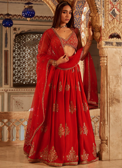 Red Embroidered Silk Lehenga