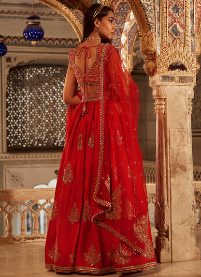 Red Embroidered Silk Lehenga