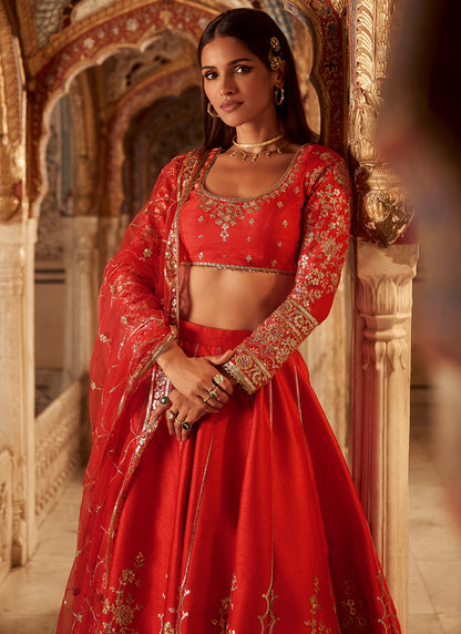 Hot Pink Embroidered Silk Lehenga