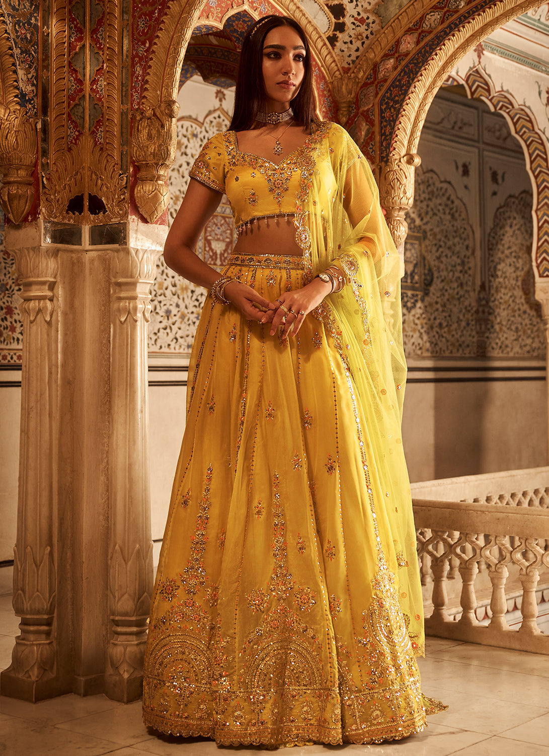 Yellow Embroidered Viscose Organza Lehenga