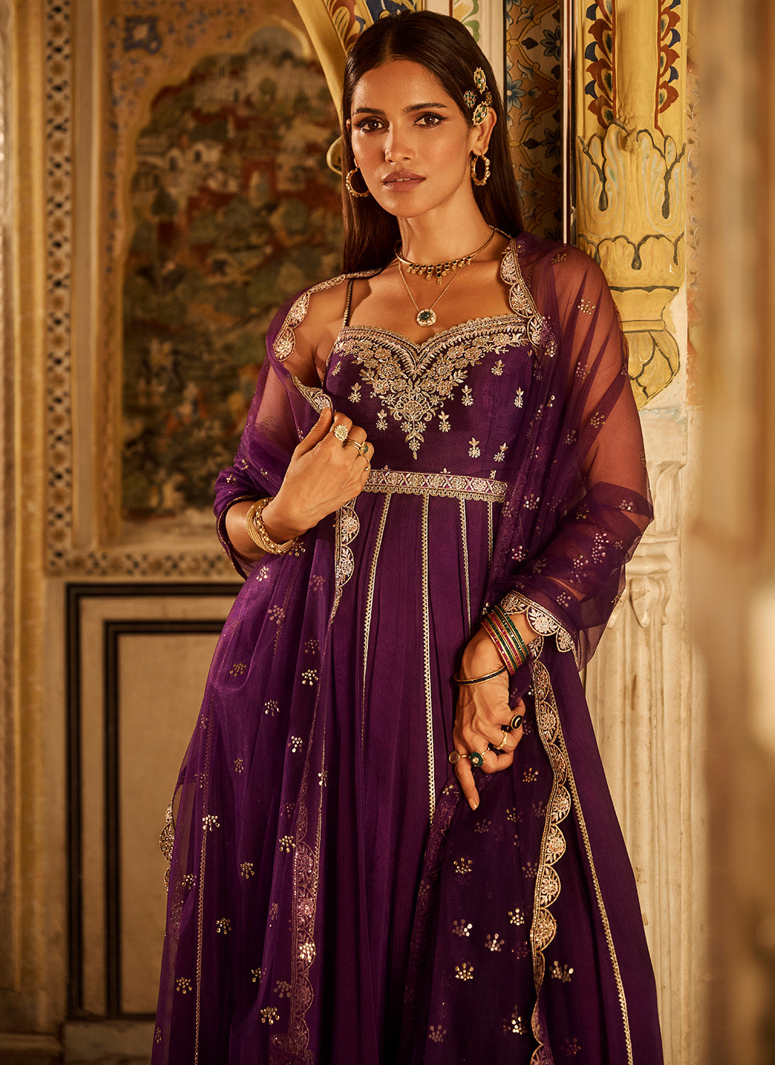 Purple Embroidered Chinon Anarkali