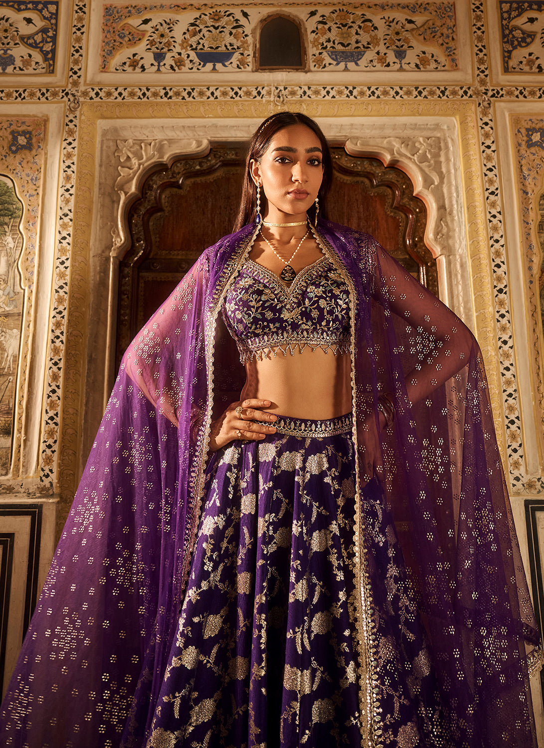 Purple Embroidered Brocade Lehenga