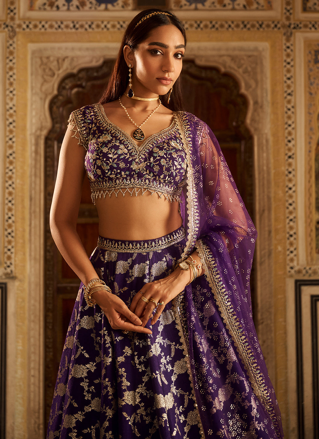 Purple Embroidered Brocade Lehenga