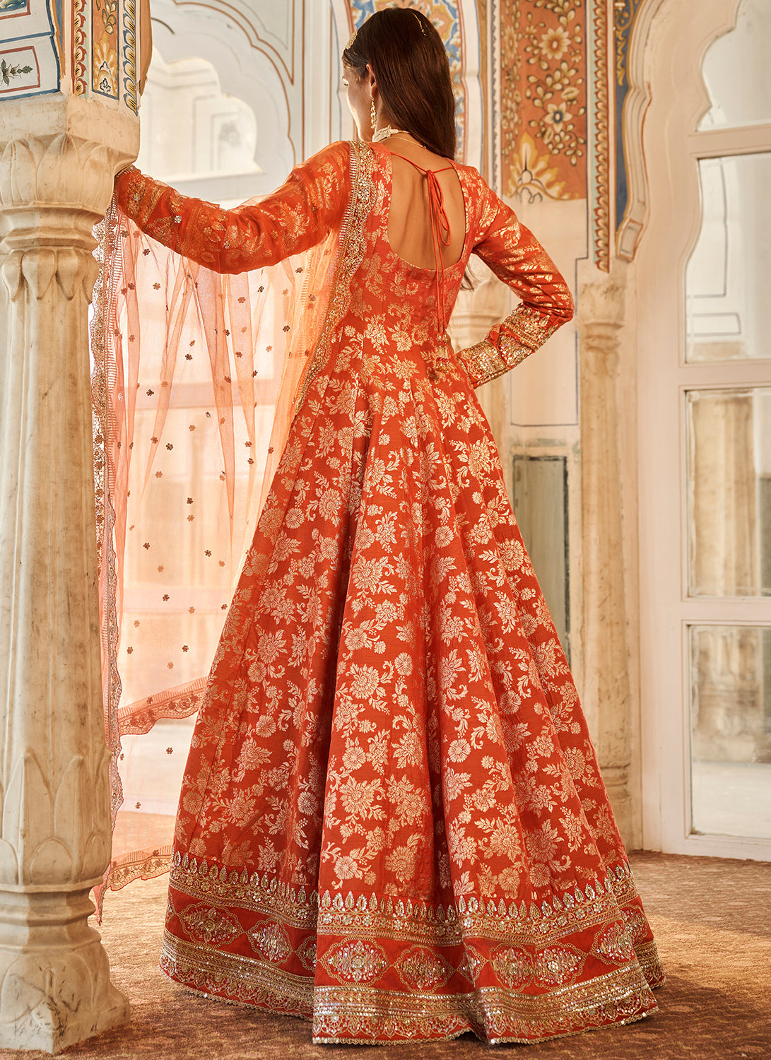 Orange Embroidered Brocade Anarkali