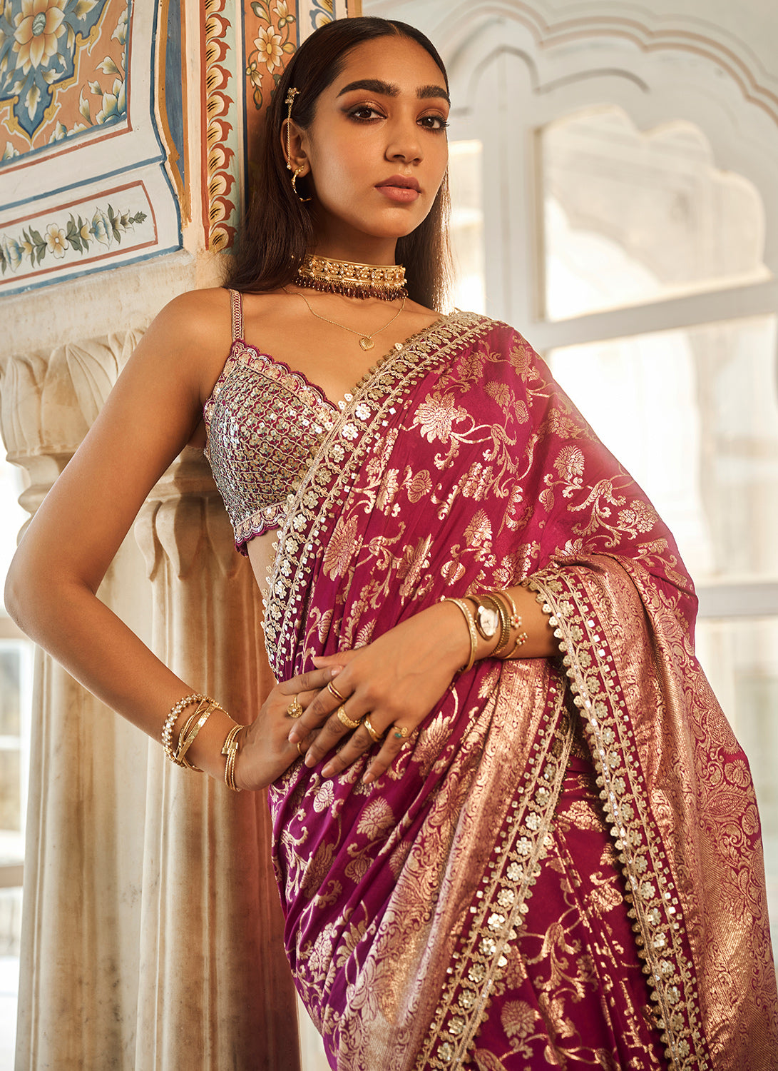 Purple Embroidered Brocade Saree