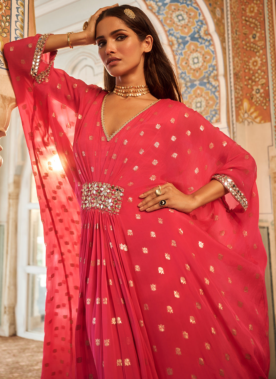 Hot Pink Embroidered Brocade Kaftan