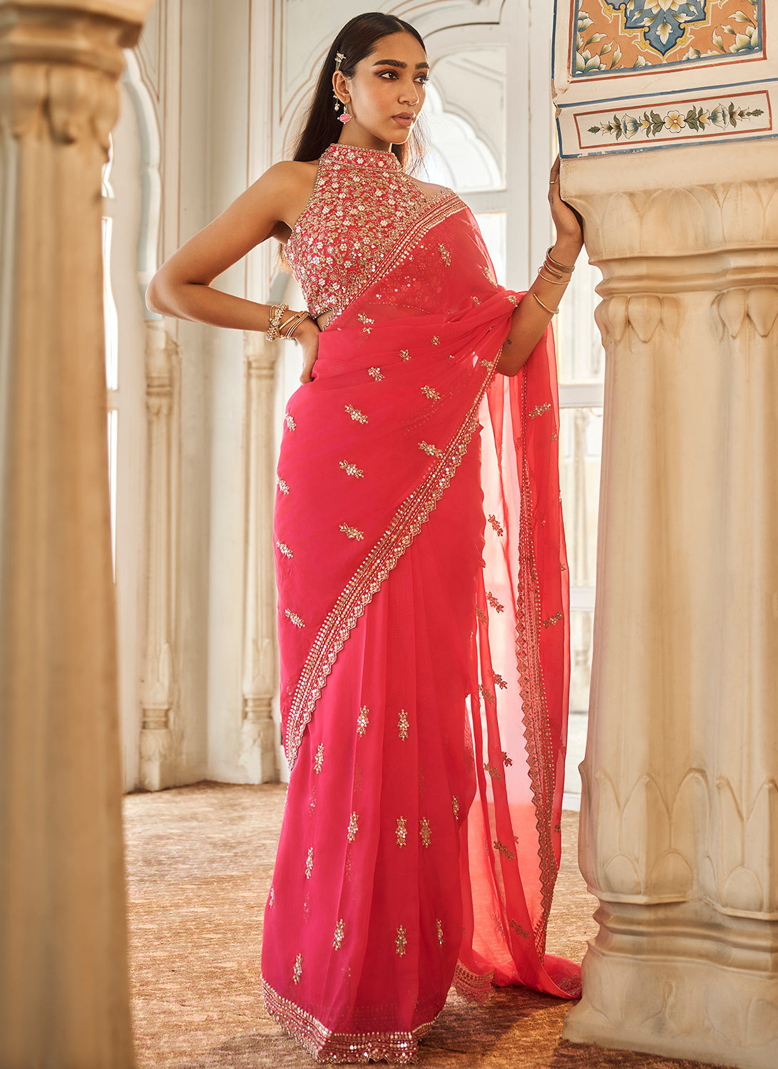 Hot Pink Embroidered Viscose Organza Saree