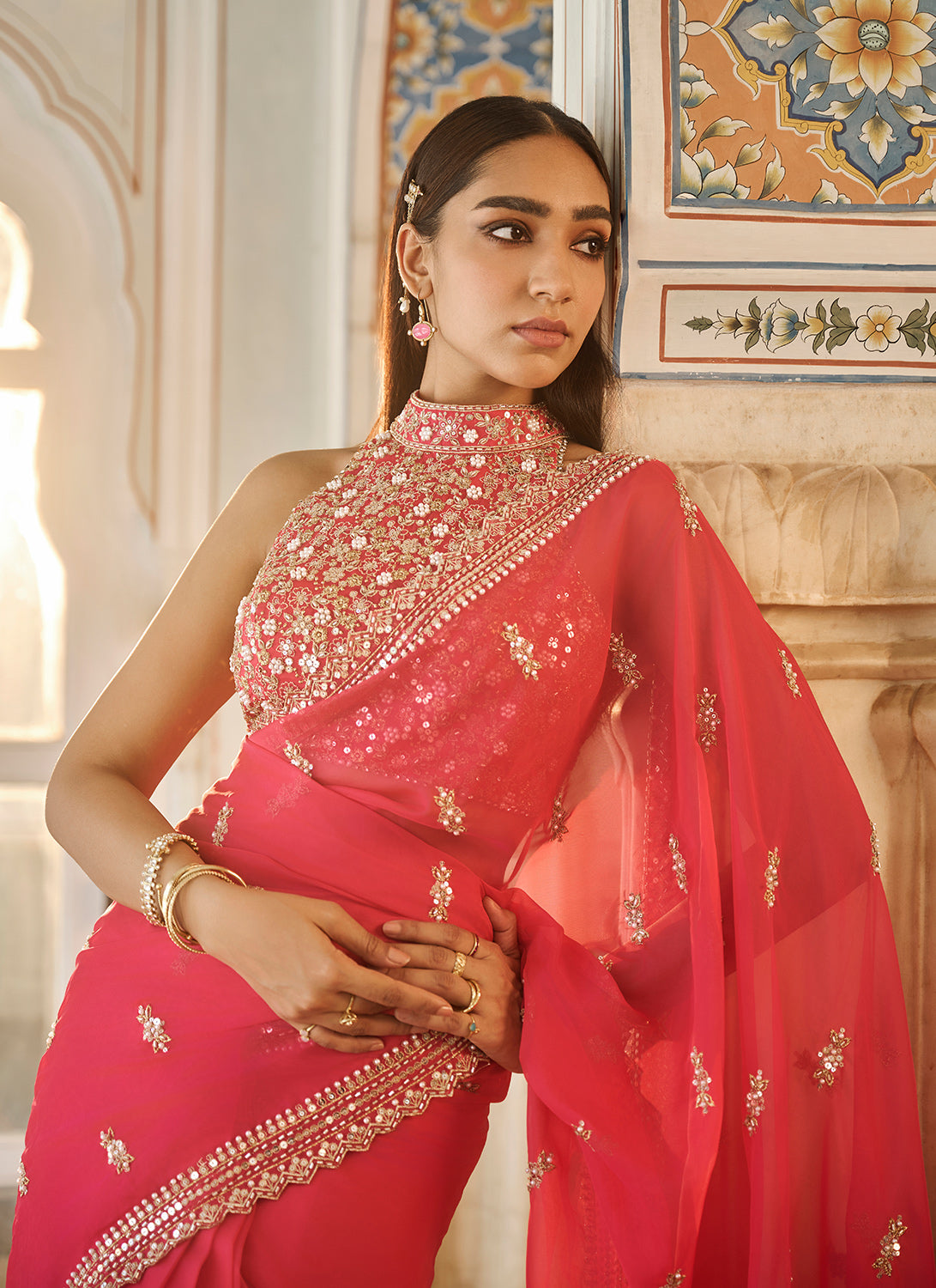 Hot Pink Embroidered Viscose Organza Saree