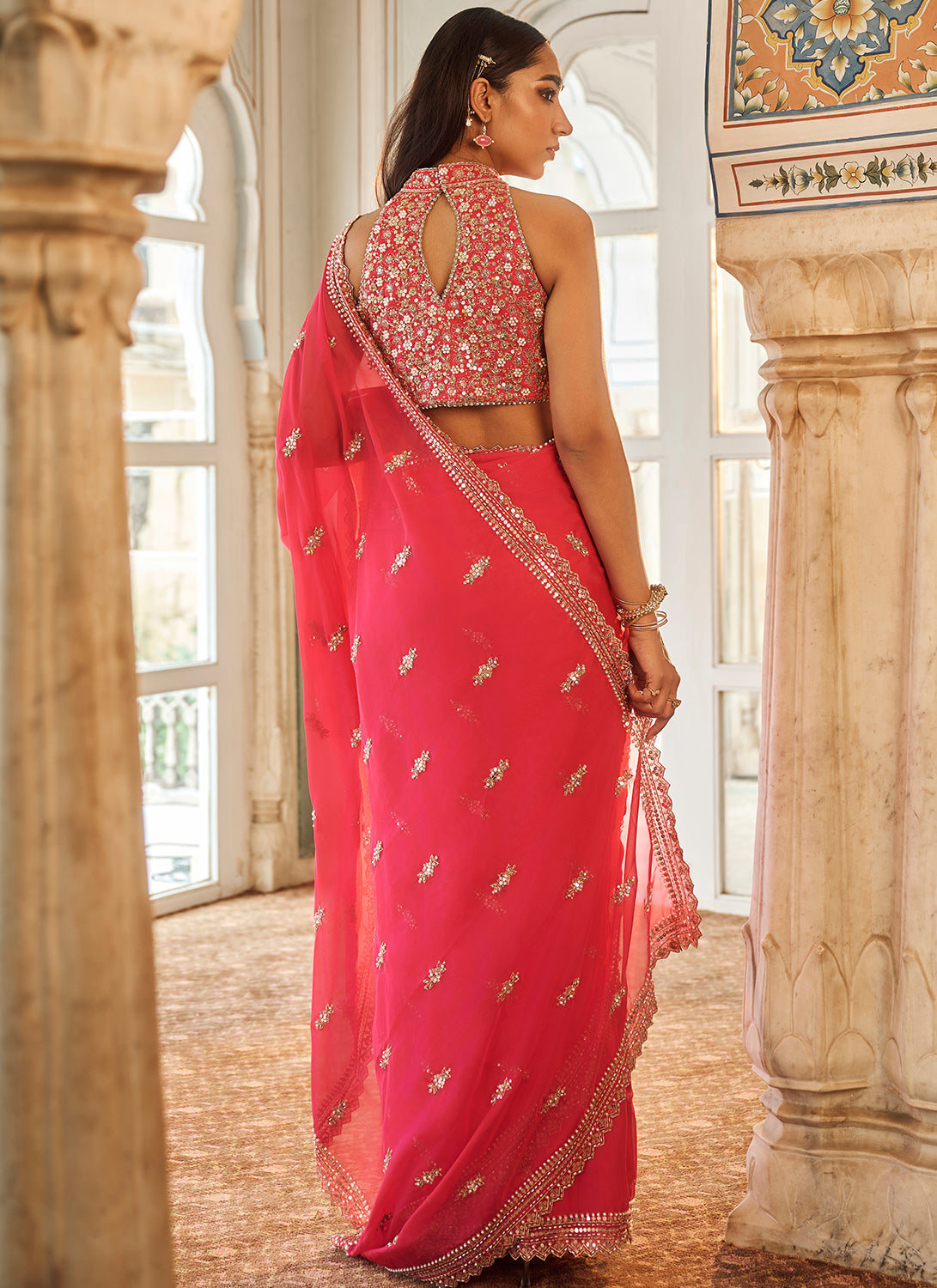 Hot Pink Embroidered Viscose Organza Saree