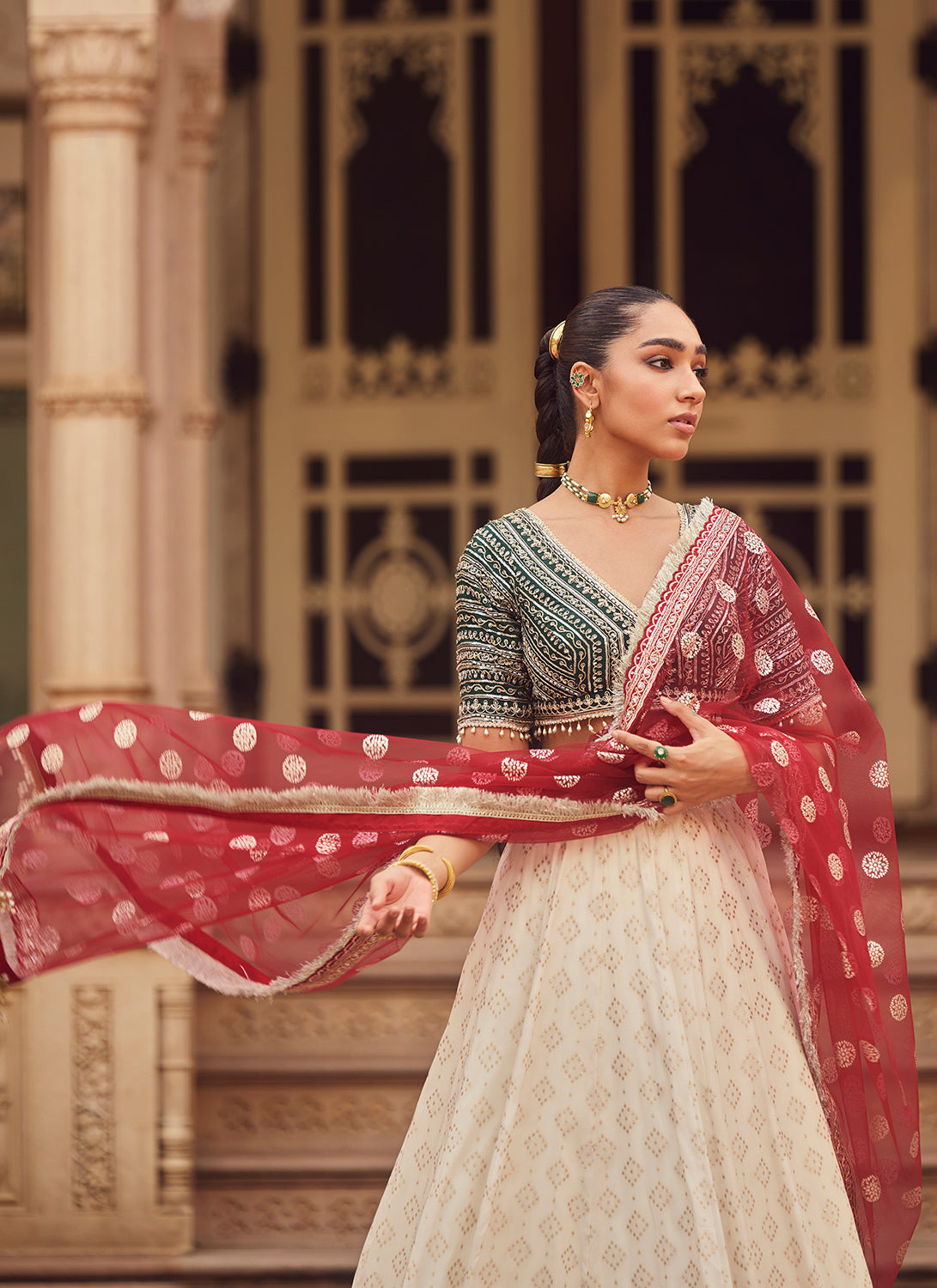 Red and Green Multicolor Embroidered Brocade Lehenga